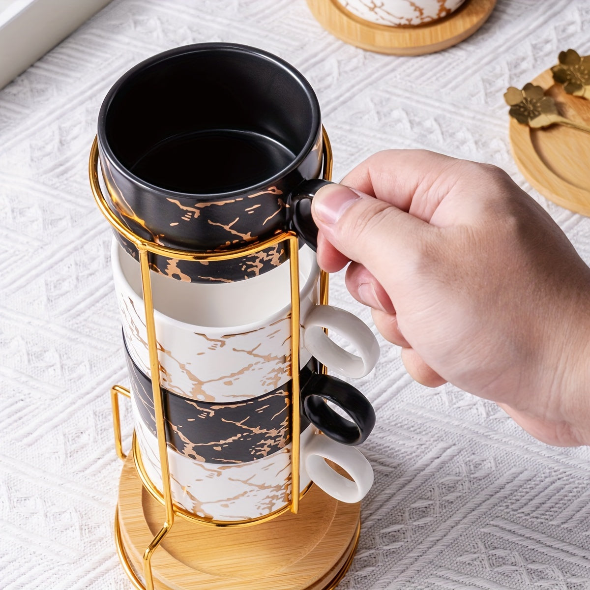 180ml ceramic coffee cups Stackable mugs marble design set of 4 cups with wooden saucer and gold stand