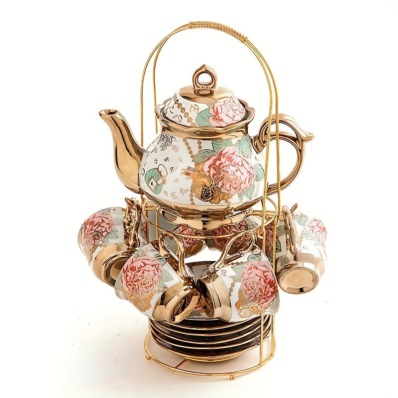 Deluxe Floral Ceramic Tea Set with Golden Stand - 20-Piece Hand-Painted Tea Service for 6, Includes Cups, Saucers, Spoons, Teapot - BPA Free, Hand Wash Only, Leak Proof, Insulated for Mother's Day, Thanksgiving, Elegant Gifti