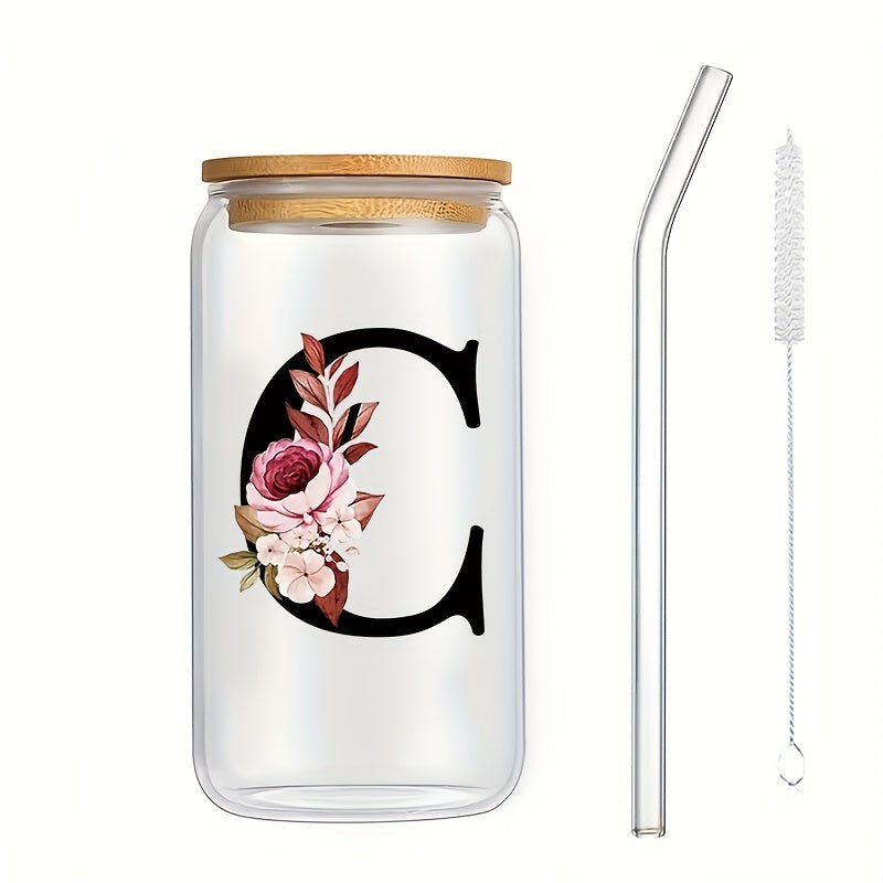 16oz Glass Coffee Mug with Bamboo Lid & Straw - A-Z Letter Design, Perfect for Office & Home Use, Ideal Birthday or Holiday Gift for Women