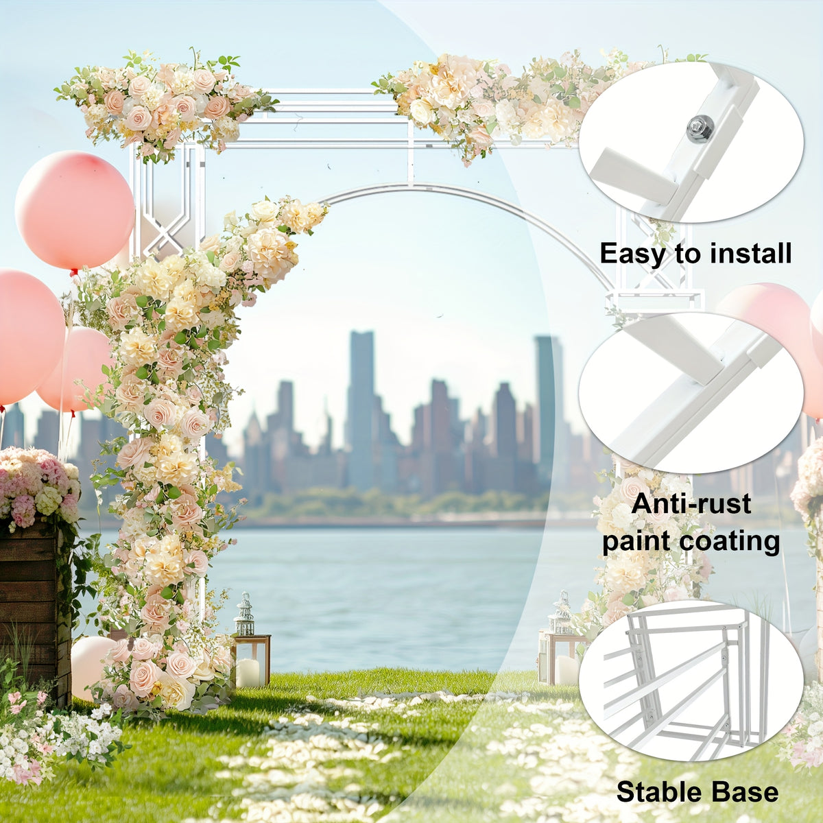 260*259cm Heavy Duty Metal Wedding Arch Backdrop Stand - Large Square Garden Arbor with Sturdy Base, Elegant & Golden Floral Design