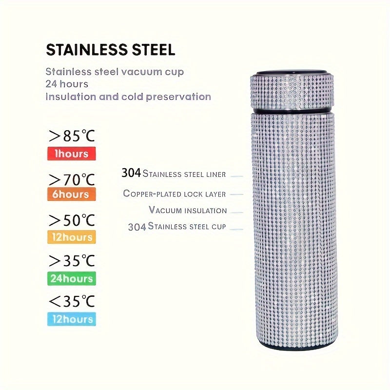 1pc, Sparkling Studded Vacuum Flask, 16oz/480ml Stainless Steel Insulated Water Bottles, Travel Thermal Cups, For Hot And Cold Beverages, Summer Winter Drinkware, Gifts