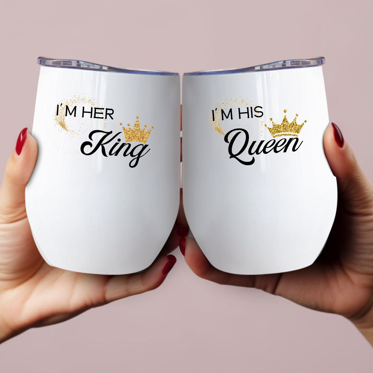 2pcs 12oz Cute Wine Glasses with Lid Printed with I'M HIS Queen/HER King Pattern, Stainless Steel Coffee Cups, Suitable for Christmas and Valentine's Day Gifts for Your Partner