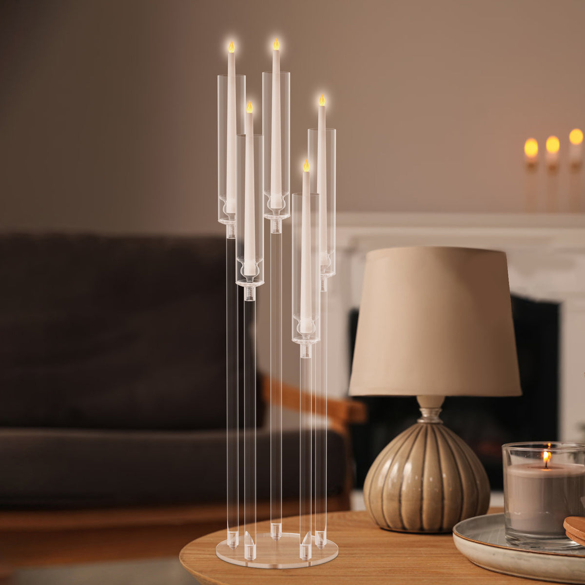 4pcs Candle Holder Centerpiece, High Candle Holder, Clear Candle Cone Candle Holder Holder, 5 Arm Candle Holder Holder with Acrylic Lampshade, Wedding Dinner Candle Ornament (Note that this is an electronic candle holder, can
