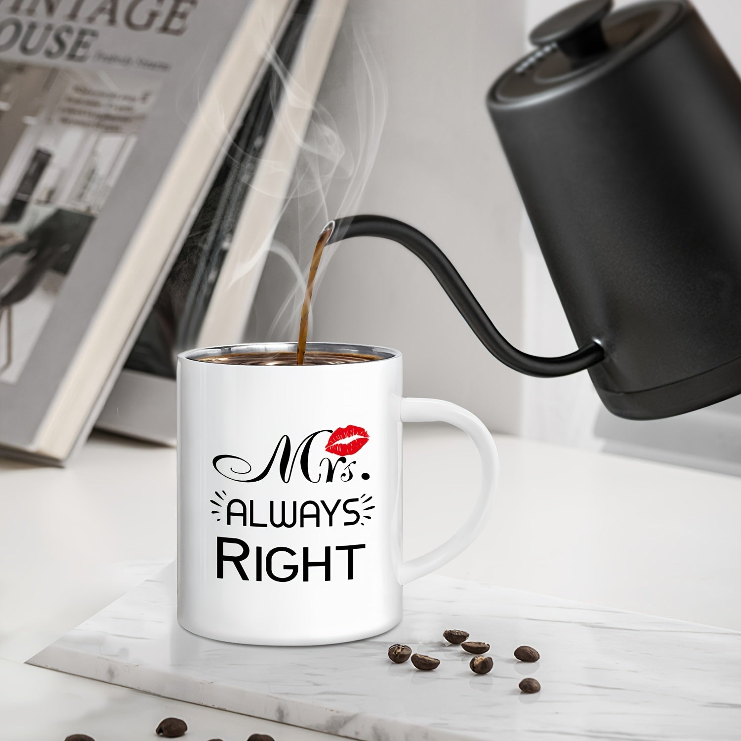 Mr. Right & Mrs. Always Right" 11oz Stainless Steel Coffee Mug - Reusable, BPA-Free Metal Cup with Handle for Couples - Perfect Gift for Anniversary, Valentine's Day, Birthday, Christmas