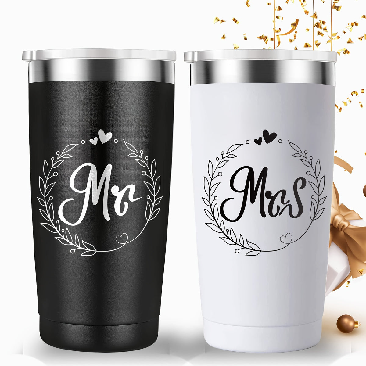1 Pair, Mr And Mrs Tumblers, Stainless Steel Insulated Travel Tumblers, Ideas For Newlyweds Couples Wife Bride, Engagement Anniversary Valentine's Day Bridal Shower Gifts Wedding Gifts, For Bride Groom Mr Mrs, 20oz (600ml)