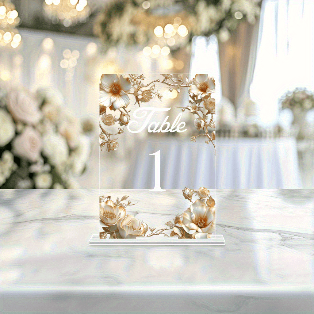 [2D Flat] 20pcs Bohemian Floral Acrylic Tabletop Display Signs, Transparent Place Card Holders with Bases, Multipurpose Elegant Seating