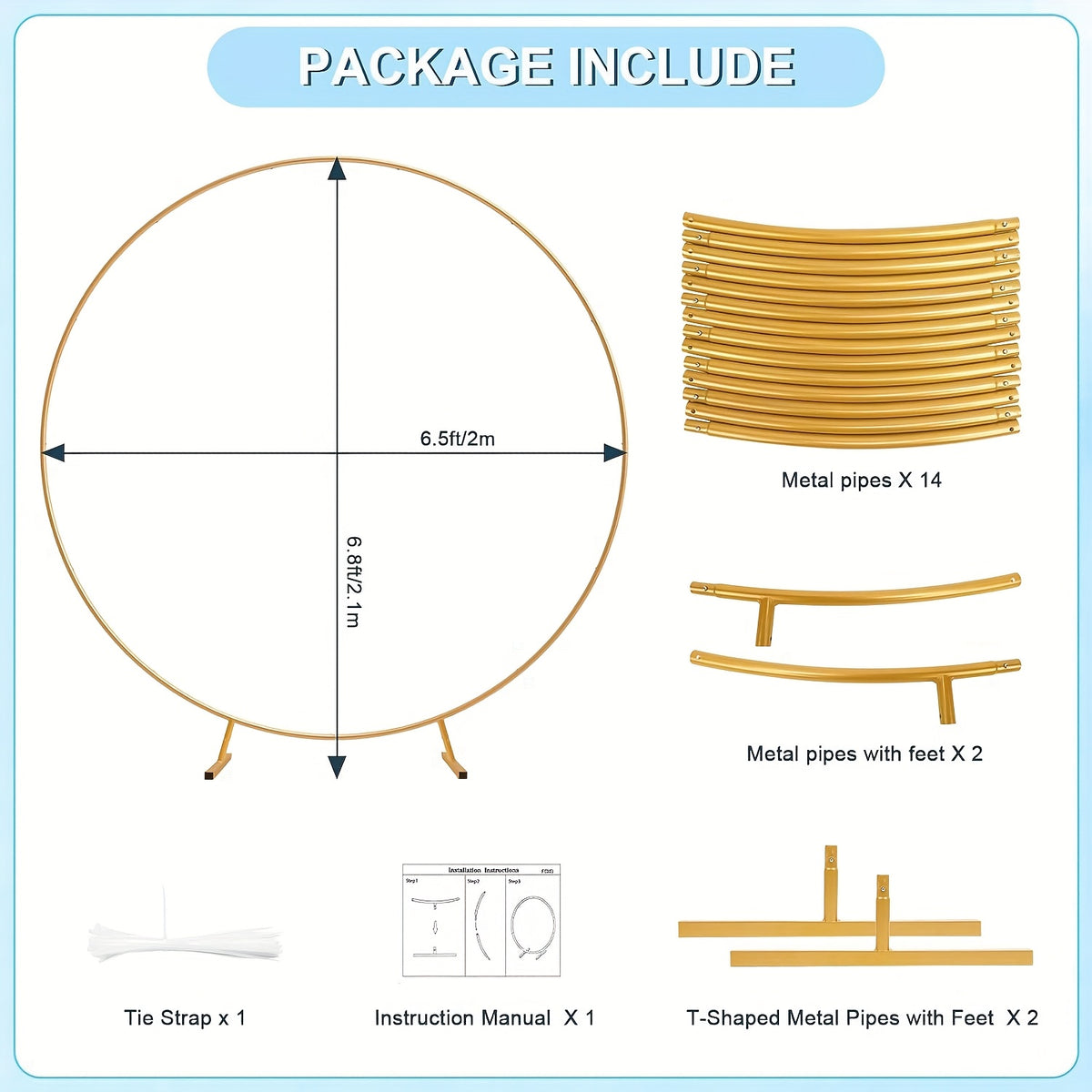 PlusFive Round Backdrop Stand, 6.9ft (2.1m) Golden Circle Round Arch Stand, Wedding Arch Frame, Big Size Arch Stands For Wedding Birthday Shower Photo Background Party Decorations
