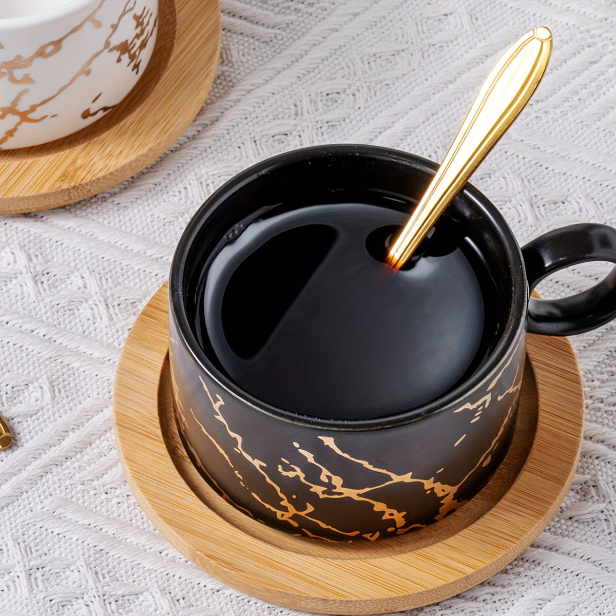 180ml ceramic coffee cups Stackable mugs marble design set of 4 cups with wooden saucer and gold stand