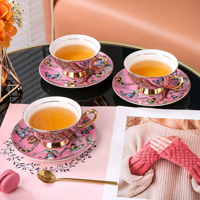 Luxury Vintage Bone China Tea Set - 7oz Coffee Cup, Saucer & Spoon, Lead-Free, Insulated, Non-Slip Grip, Perfect for Afternoon Tea & Special Occasions