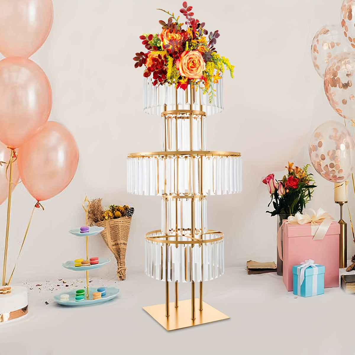 [2D Flat] 5-Tier Golden Wedding Flower Stand with Clear Acrylic Tiers - Elegant Round Centerpiece for Parties, Birthdays, and Events - 110cm Height, Square Base, Easy Assembly Required, Wedding Decorations