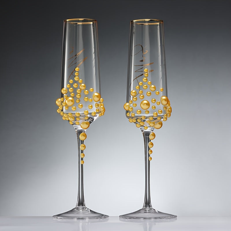 2pcs Elegant Pearl Crystal Champagne Glasses - Perfect for Weddings, Engagements, Valentine's & Mother's Day Gifts | Reusable, Handwash Only