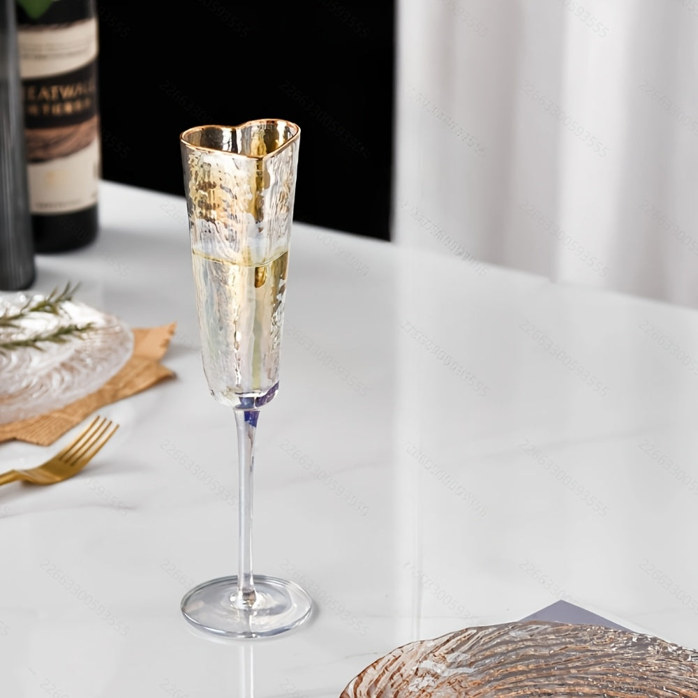 Elegant 5.54oz Champagne Flute with Gold-Plated Heart Design - Crystal Clear Glass, Colorful Rim, Perfect for Bars, Home & Parties