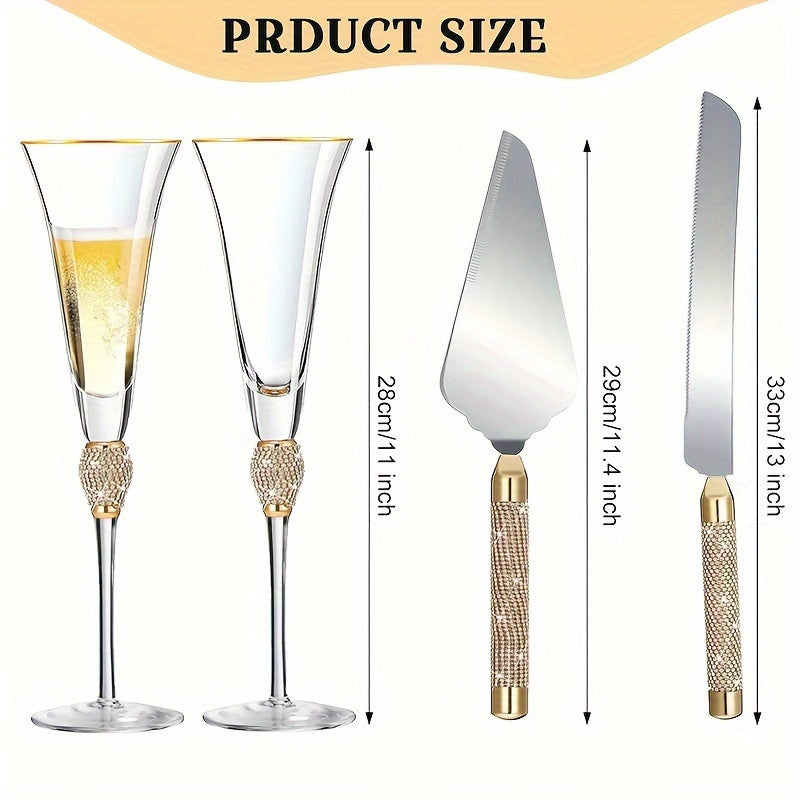 4Pcs/Set,Wedding Champagne Flutes And Cake Knife Server Set, Champagne Flutes Glasses Mr And Mrs Gifts, Cake Cutting Set For Wedding, Bride And Groom Toasting Glasses, Wedding Reception Supplies,for Couple Anniversary Bride S