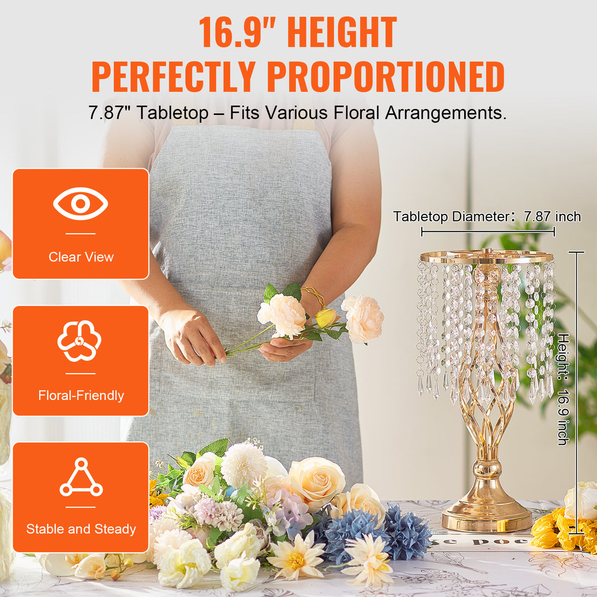 VEVOR 20pcs 43cm/16.9" Tall Crystal Wedding Flower Stand Vase for Party Decor