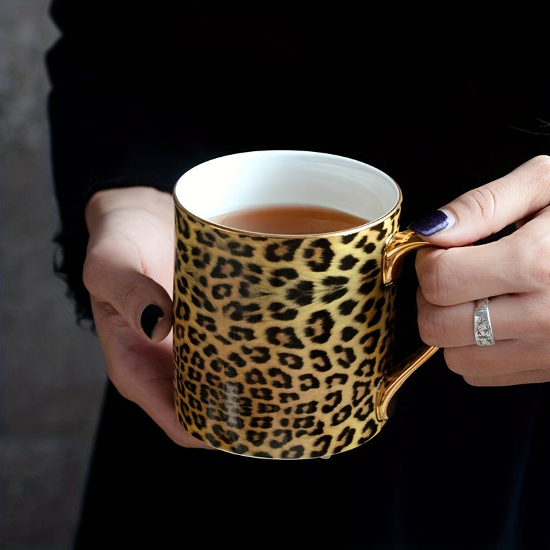 1pc Luxury European Style Gold-Plated Bone China Coffee Mug, Leopard Print Animal Theme, Round Shape, Freeze Safe, Hand Wash Only, Reusable Cup for Home Decor, Wedding, Mother'S Day, Valentine's, Thanksgiving, Halloween, East
