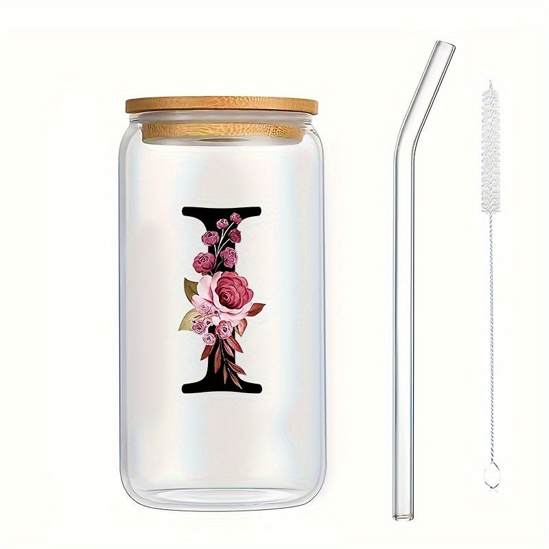 16oz Glass Coffee Mug with Bamboo Lid & Straw - A-Z Letter Design, Perfect for Office & Home Use, Ideal Birthday or Holiday Gift for Women