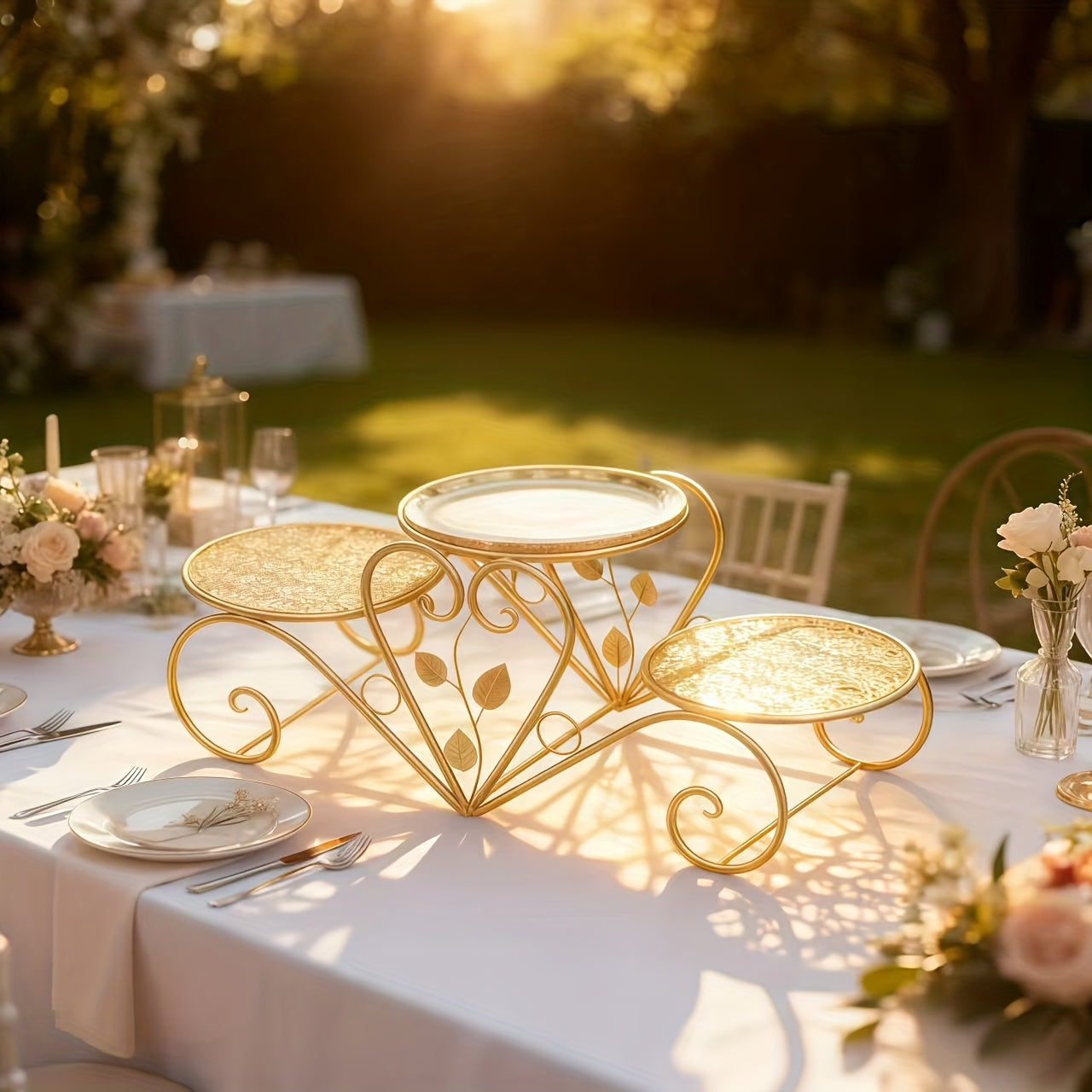 Sturdy Iron 3-Tier Decorative Stand with Curved Legs & Ornamental Leaf-like Patterns - Golden Metal Display Tray for Coffee Table, Wedding, Birthday, Christmas, Thanksgiving - Reusable Non-Food Serving Centerpiece