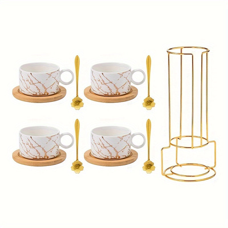 180ml ceramic coffee cups Stackable mugs marble design set of 4 cups with wooden saucer and gold stand