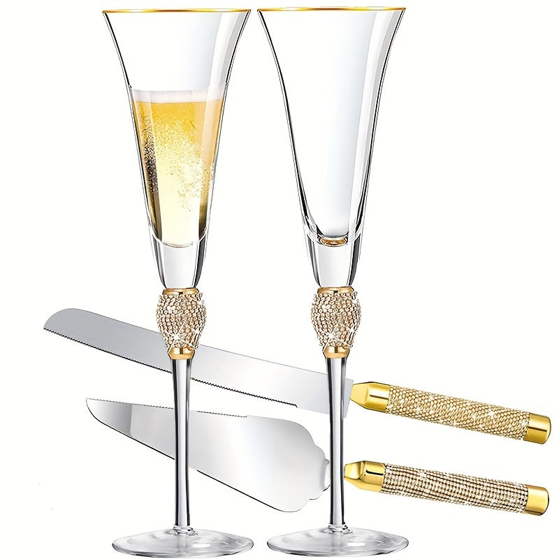 4Pcs/Set,Wedding Champagne Flutes And Cake Knife Server Set, Champagne Flutes Glasses Mr And Mrs Gifts, Cake Cutting Set For Wedding, Bride And Groom Toasting Glasses, Wedding Reception Supplies,for Couple Anniversary Bride S