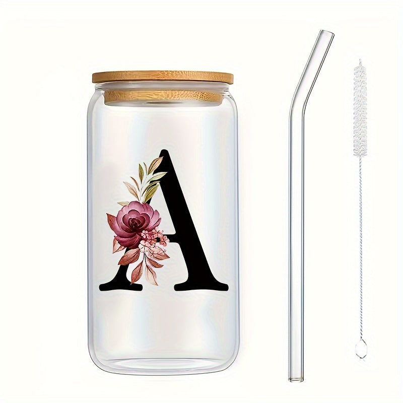 16oz Glass Coffee Mug with Bamboo Lid & Straw - A-Z Letter Design, Perfect for Office & Home Use, Ideal Birthday or Holiday Gift for Women