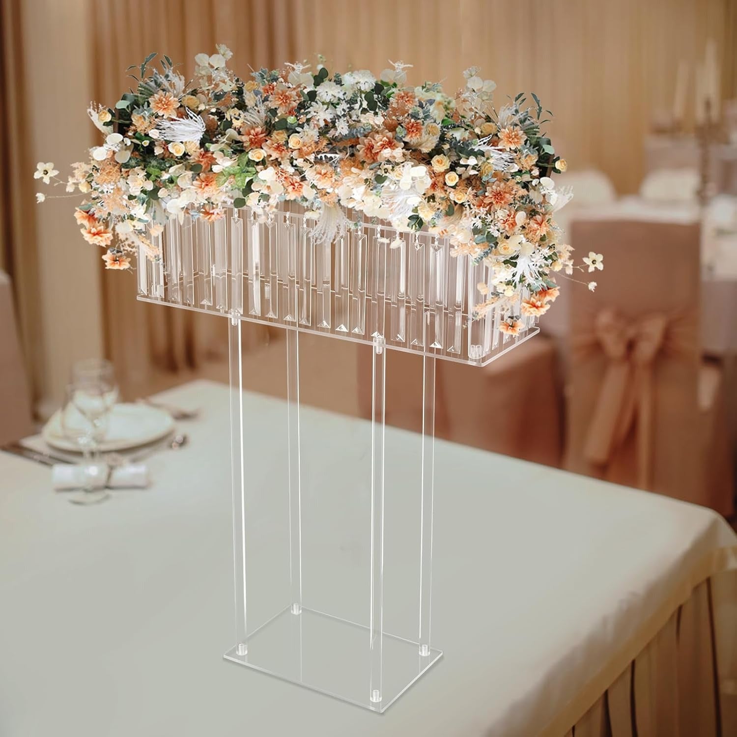 Large Modern Acrylic Wedding Flower Stand with Hanging Pendants - 9.36meter-like Height (59.94cmL x 77.98cmH) Clear Vase, Sturdy Base /Table Centerpiece