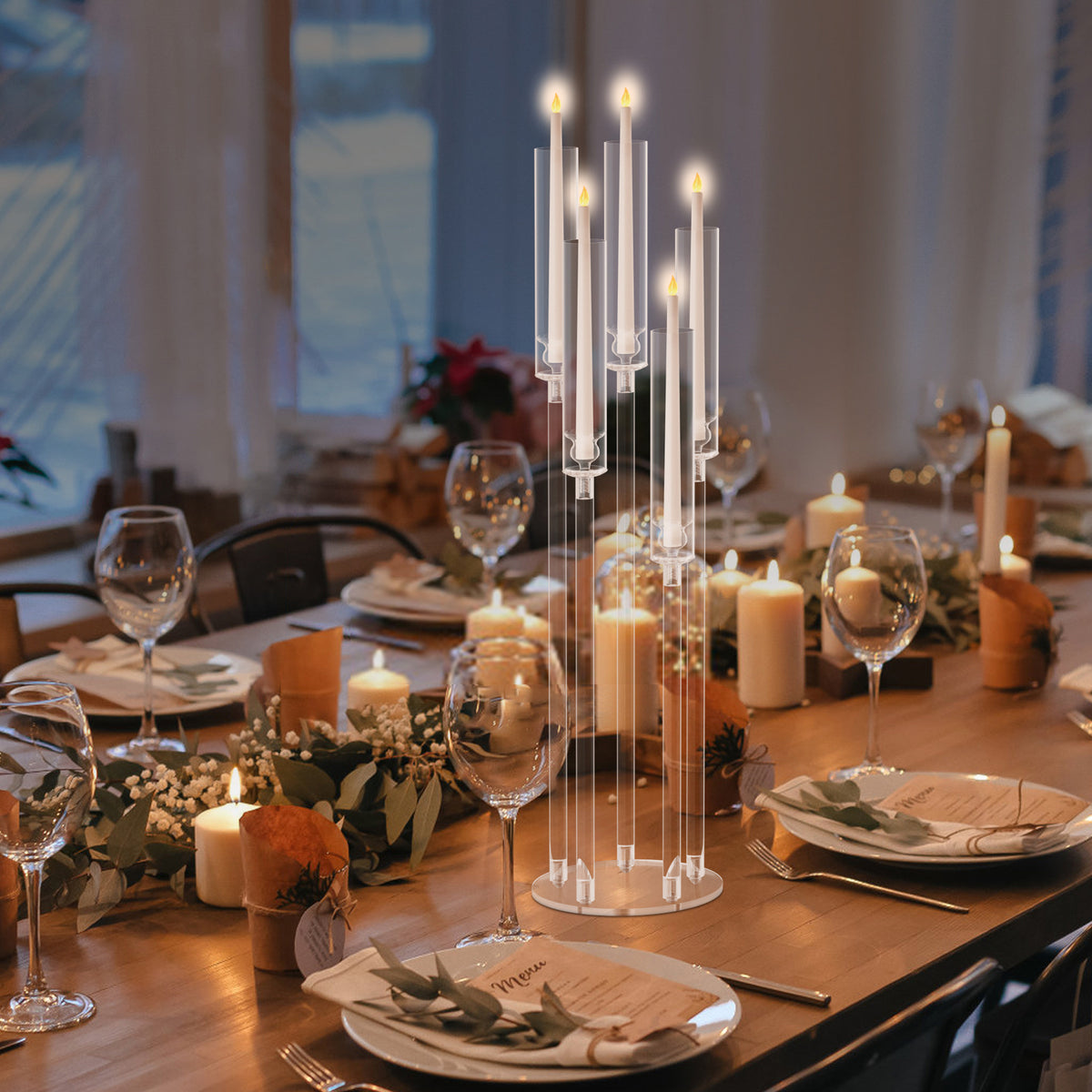 4pcs Candle Holder Centerpiece, High Candle Holder, Clear Candle Cone Candle Holder Holder, 5 Arm Candle Holder Holder with Acrylic Lampshade, Wedding Dinner Candle Ornament (Note that this is an electronic candle holder, can