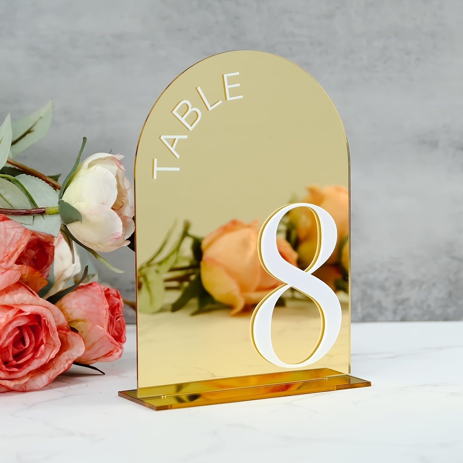 Golden Arch-Shaped Number Table Sign 1-10 with Stand – 10cm x 15cm Acrylic Desktop Holder Featuring Elegant Typography,