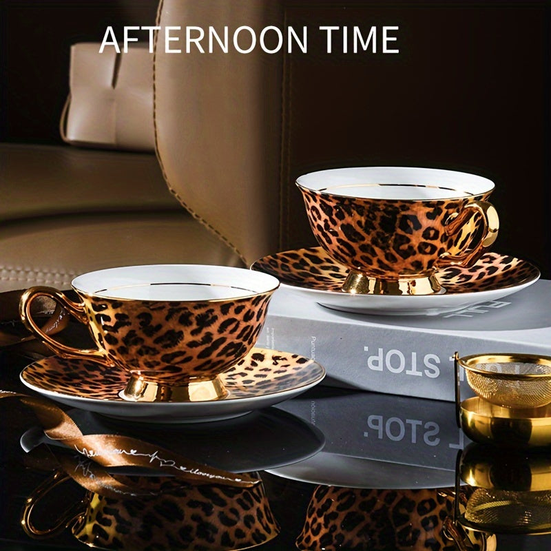 Luxurious Leopard Print Tea Set: Elegant Bone China Cup And Saucer with Golden Trim, Perfect for a Stylish Afternoon Tea