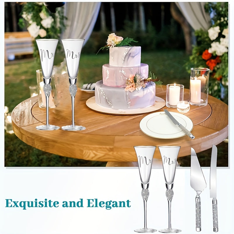 4pcs/Set, Wedding Cake Knife And Sever Set, Wedding Champagne Flutes With Mr And Mrs Letter, Crystal Champagne Glasses Cake Knife Pie Server For Bride And Groom, Cake Cutting Set For Wedding, Great Gifts For Couple Anniversar
