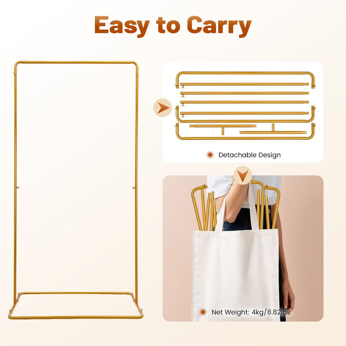 2 x 1.05m Wedding Flower Stand 22mm Round Tube Golden, Wear-Resistant and Rustproof, 7.98 KG Load Capacity, Easy to Move with Widened Rectangular Base 41.33×24.4in, Suitable for Garden Decorations, Wedding Arrangements, Outd