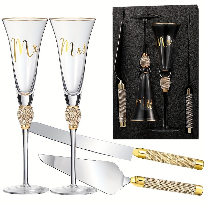 4pcs/Set, Wedding Cake Knife And Sever Set, Wedding Champagne Flutes With Mr And Mrs Letter, Crystal Champagne Glasses Cake Knife Pie Server For Bride And Groom, Cake Cutting Set For Wedding, Great Gifts For Couple Anniversar