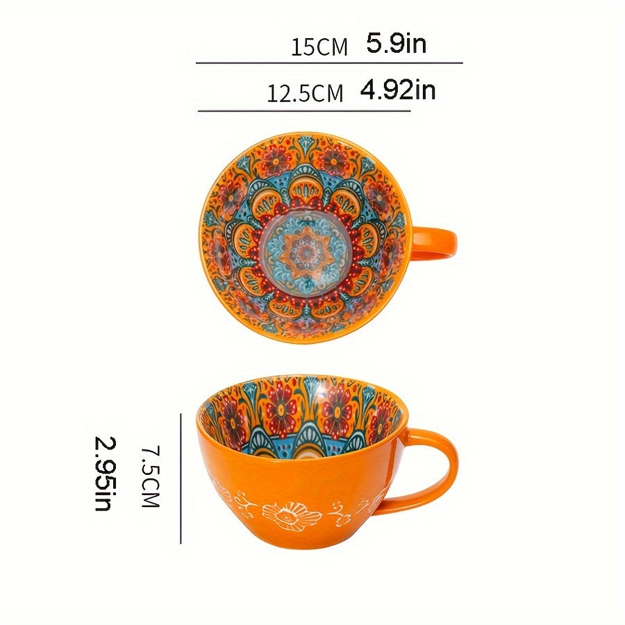 1PC 15OZ Bohemian Ceramic Coffee Mug, Large Capacity, Insulated, Machine Washable, Reusable Multipurpose Cup for Microwave Heating Milk & Coffee