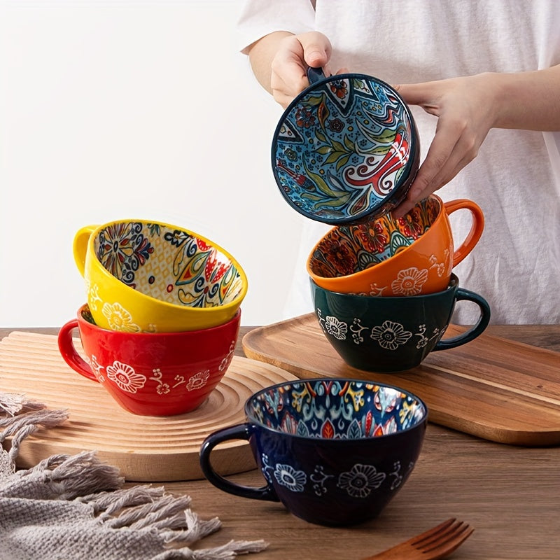 1PC 15OZ Bohemian Ceramic Coffee Mug, Large Capacity, Insulated, Machine Washable, Reusable Multipurpose Cup for Microwave Heating Milk & Coffee