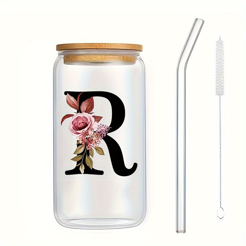 16oz Glass Coffee Mug with Bamboo Lid & Straw - A-Z Letter Design, Perfect for Office & Home Use, Ideal Birthday or Holiday Gift for Women