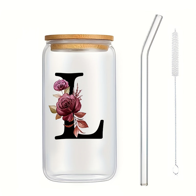 16oz Glass Coffee Mug with Bamboo Lid & Straw - A-Z Letter Design, Perfect for Office & Home Use, Ideal Birthday or Holiday Gift for Women
