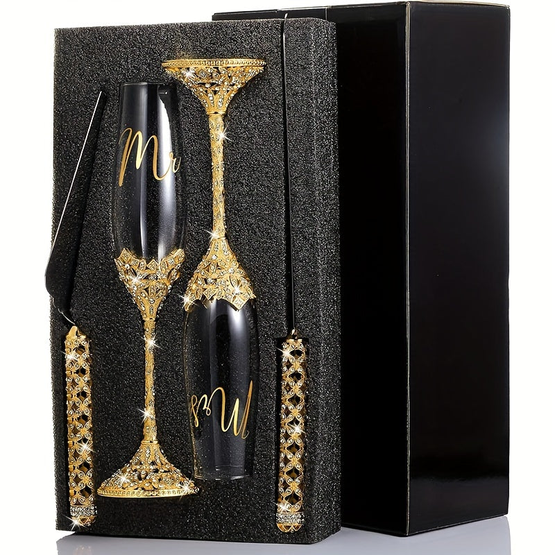 4Pcs Wedding Champagne Flutes And Cake Knife Server Set, Toasting Crystal Rhinestone Champagne Flutes Glass Cake Knife Pie Server Wedding Gift For Couple Bride Groom, Wedding Reception Supplies, Champagne Glass For Anniversar