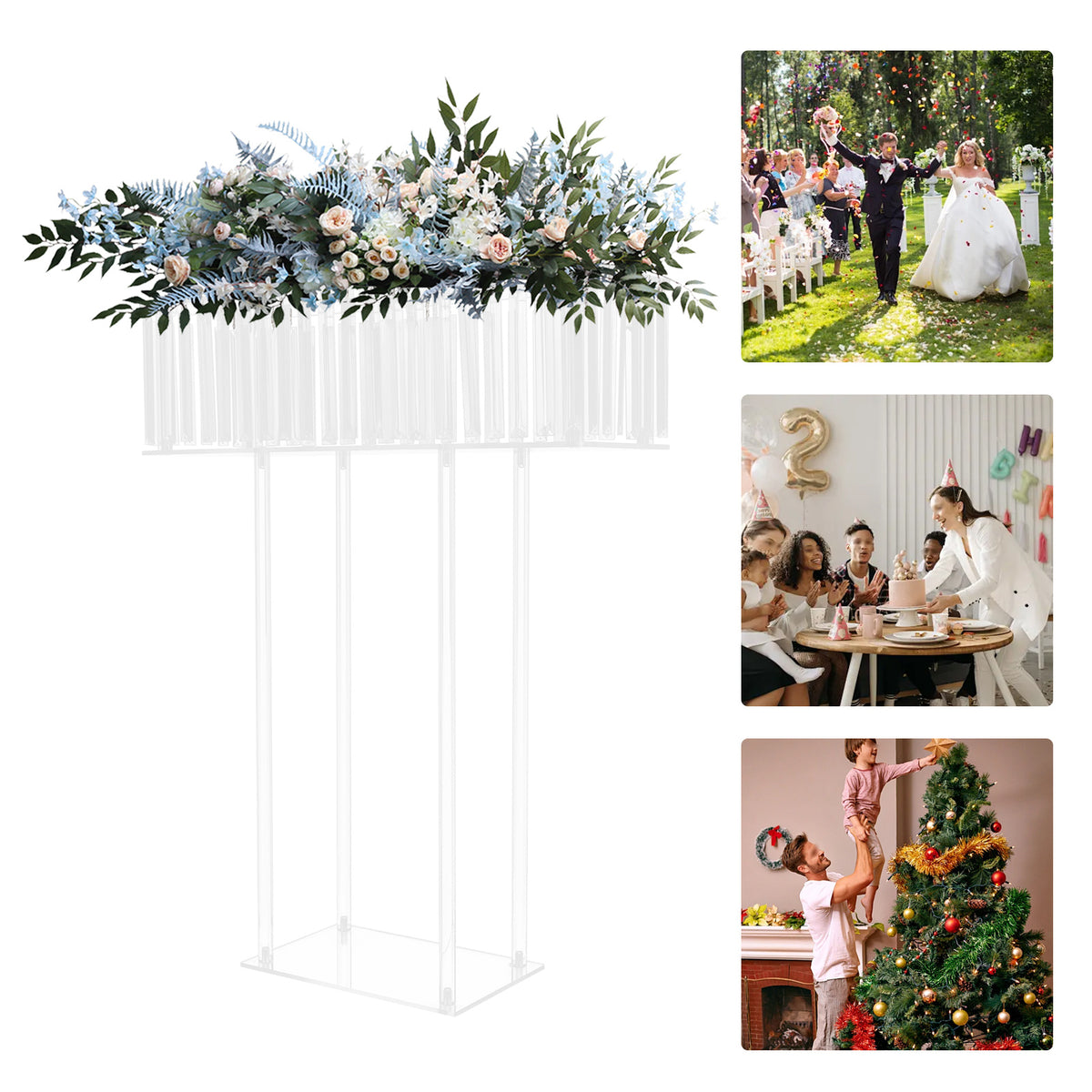 Large Modern Acrylic Wedding Flower Stand with Hanging Pendants - 9.36meter-like Height (59.94cmL x 77.98cmH) Clear Vase, Sturdy Base /Table Centerpiece