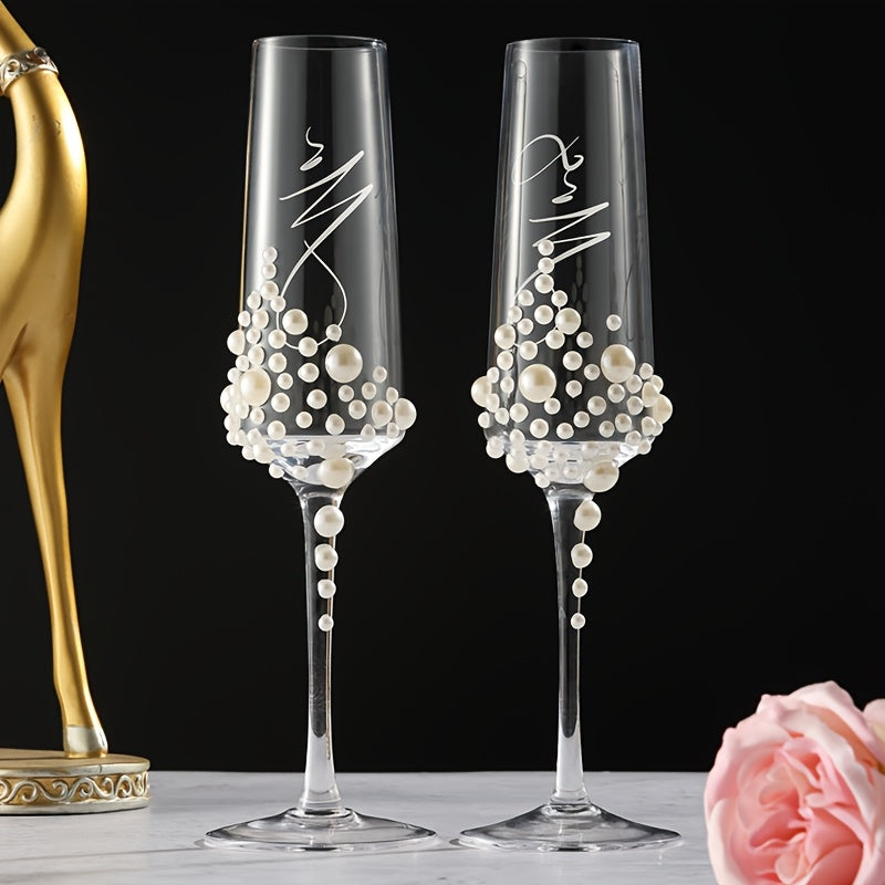 2pcs Elegant Wedding Crystal Glass Champagne Glasses Pearl Golden Letters Suitable for Wedding Festival Gifts Family Gatherings Valentine'S Day Christmas Thanksgiving Boyfriend And Girlfriend Special Occasion Gifts Crystal Gl