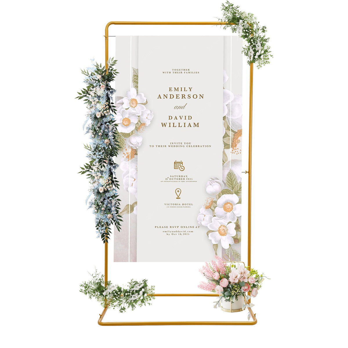 2 x 1.05m Wedding Flower Stand 22mm Round Tube Golden, Wear-Resistant and Rustproof, 7.98 KG Load Capacity, Easy to Move with Widened Rectangular Base 41.33×24.4in, Suitable for Garden Decorations, Wedding Arrangements, Outd