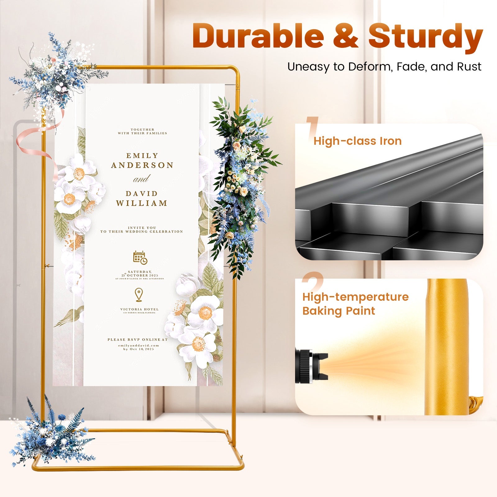 2 x 1.05m Wedding Flower Stand 22mm Round Tube Golden, Wear-Resistant and Rustproof, 7.98 KG Load Capacity, Easy to Move with Widened Rectangular Base 41.33×24.4in, Suitable for Garden Decorations, Wedding Arrangements, Outd