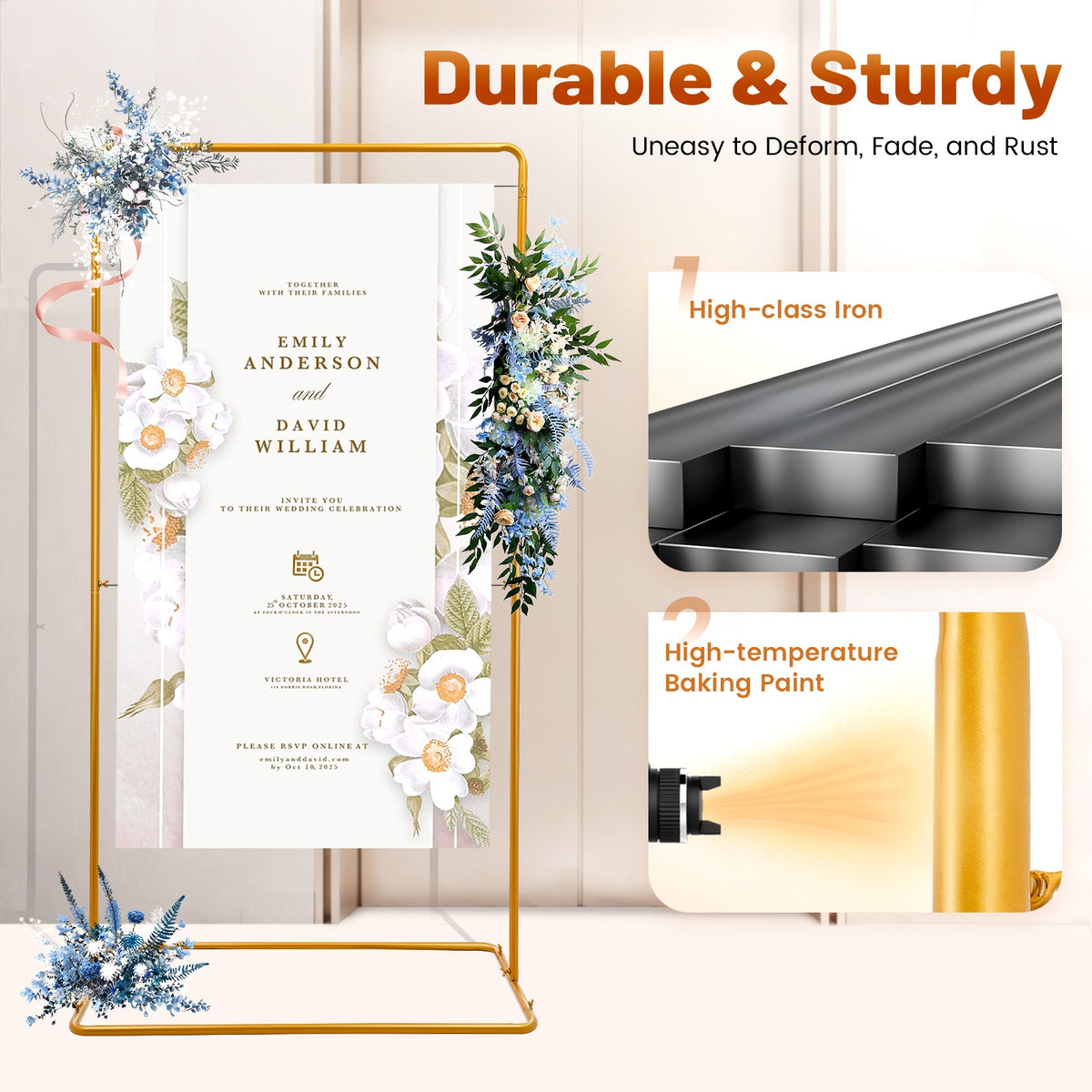 2 x 1.05m Wedding Flower Stand 22mm Round Tube Golden, Wear-Resistant and Rustproof, 7.98 KG Load Capacity, Easy to Move with Widened Rectangular Base 41.33×24.4in, Suitable for Garden Decorations, Wedding Arrangements, Outd