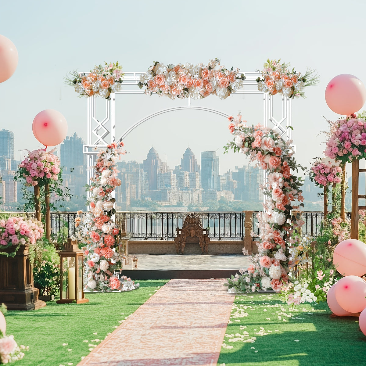 260*259cm Heavy Duty Metal Wedding Arch Backdrop Stand - Large Square Garden Arbor with Sturdy Base, Elegant & Golden Floral Design