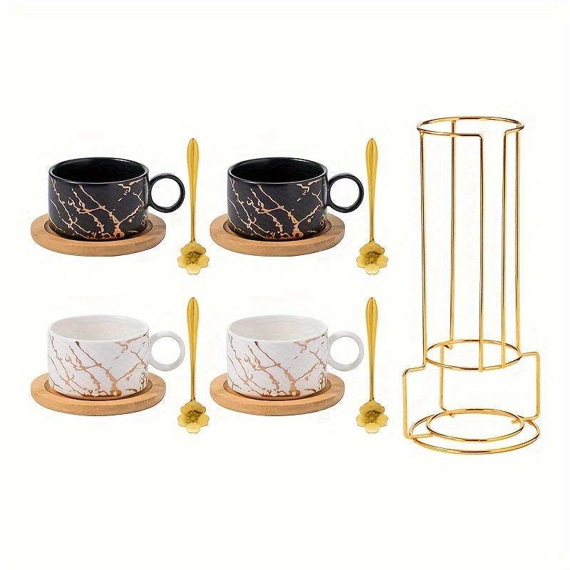 180ml ceramic coffee cups Stackable mugs marble design set of 4 cups with wooden saucer and gold stand