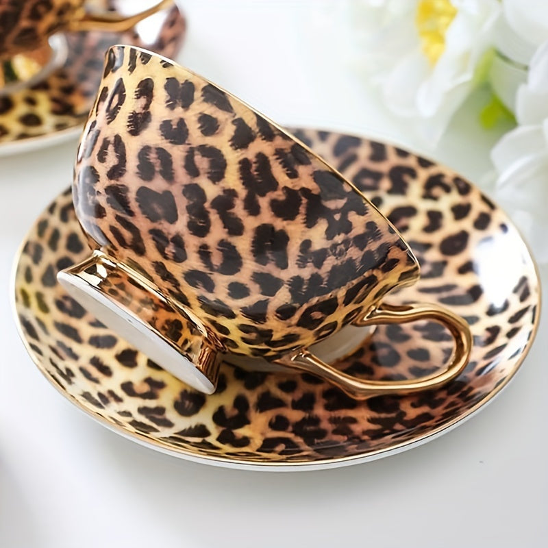 1pc/2pcs Leopard Print Cup and Saucer Set European Luxury Gold Plated European Bone Porcelain Coffee Cup Bone Porcelain Tea Cup with Matching Tea Saucer, Refrigerator Safe, Reusable, Multi-purpose - Ideal Home Decoration, Mot