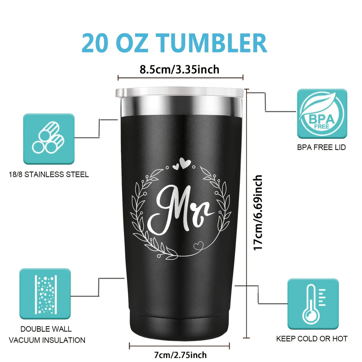 1 Pair, Mr And Mrs Tumblers, Stainless Steel Insulated Travel Tumblers, Ideas For Newlyweds Couples Wife Bride, Engagement Anniversary Valentine's Day Bridal Shower Gifts Wedding Gifts, For Bride Groom Mr Mrs, 20oz (600ml)