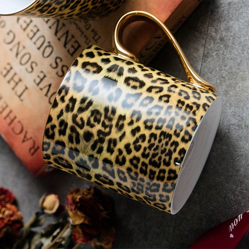 1pc Luxury European Style Gold-Plated Bone China Coffee Mug, Leopard Print Animal Theme, Round Shape, Freeze Safe, Hand Wash Only, Reusable Cup for Home Decor, Wedding, Mother'S Day, Valentine's, Thanksgiving, Halloween, East