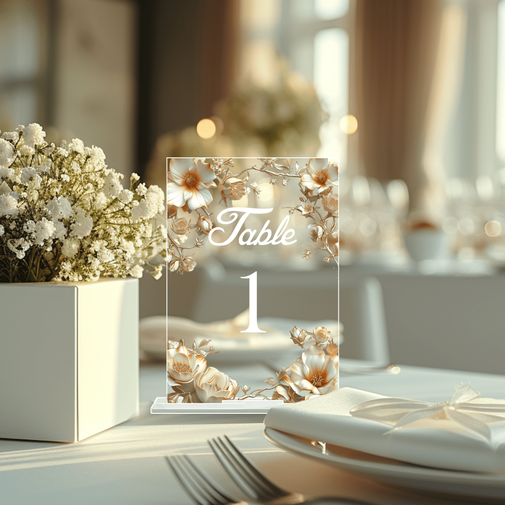 [2D Flat] 20pcs Bohemian Floral Acrylic Tabletop Display Signs, Transparent Place Card Holders with Bases, Multipurpose Elegant Seating