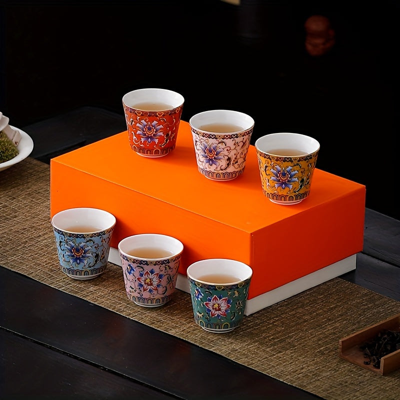 Timeless Appeal, Elegant Floral Enamel Tea Cup Set - 6 Ceramic Tea Cups with Gift Box, Reusable & Handwash Only, Perfect for Home, Office, and Restaurant Use
