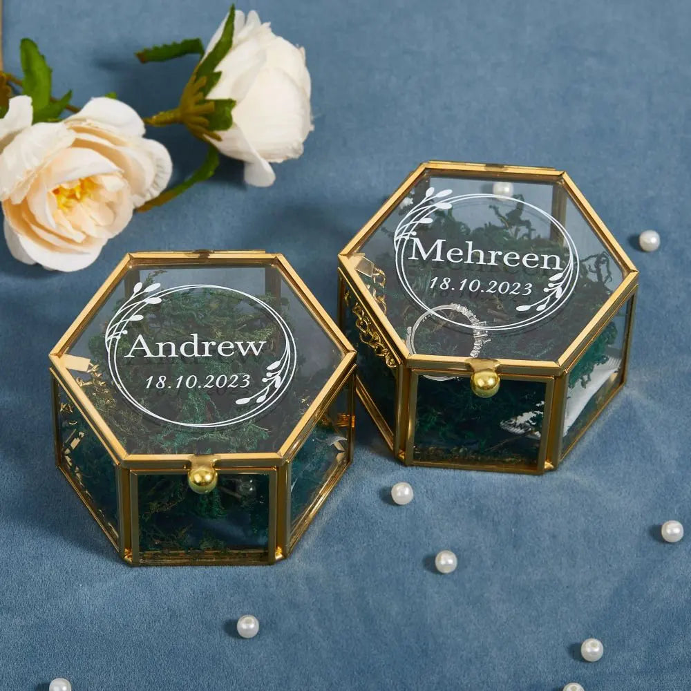 Hexagon Glass Ring Box with Moss Gold or Rose Gold Personalized Ring Box for Wedding Ceremony Modern Ring Holder for Engagements