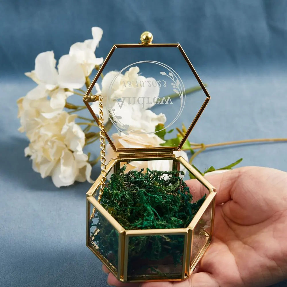 Hexagon Glass Ring Box with Moss Gold or Rose Gold Personalized Ring Box for Wedding Ceremony Modern Ring Holder for Engagements